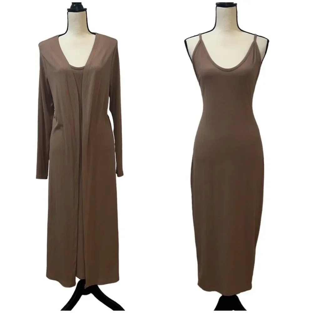 FTF Ribbed Knit Midi Dress & Cardigan Set - Picture 1 of 16